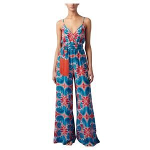 PAOLITA Silk V-neck Strappy Wide Leg Jumpsuit Small Turquoise Boho Beach Resort